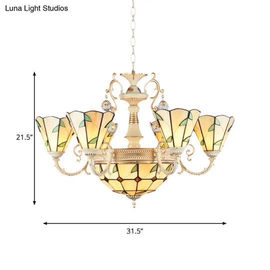 9/11 Lights Stained Glass Indoor Pendant Light: Cone And Dome Shade Rustic Beige Chandelier
