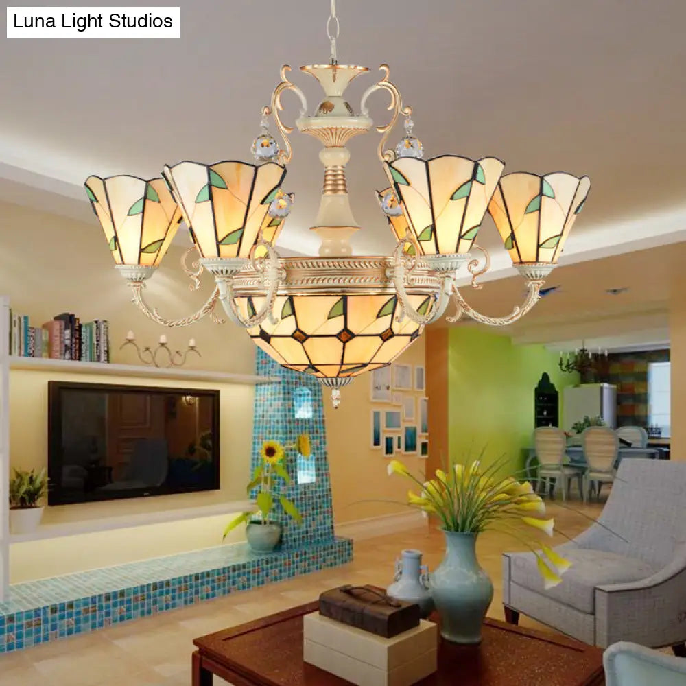 9/11 Lights Stained Glass Indoor Pendant Light: Cone And Dome Shade Rustic Beige Chandelier
