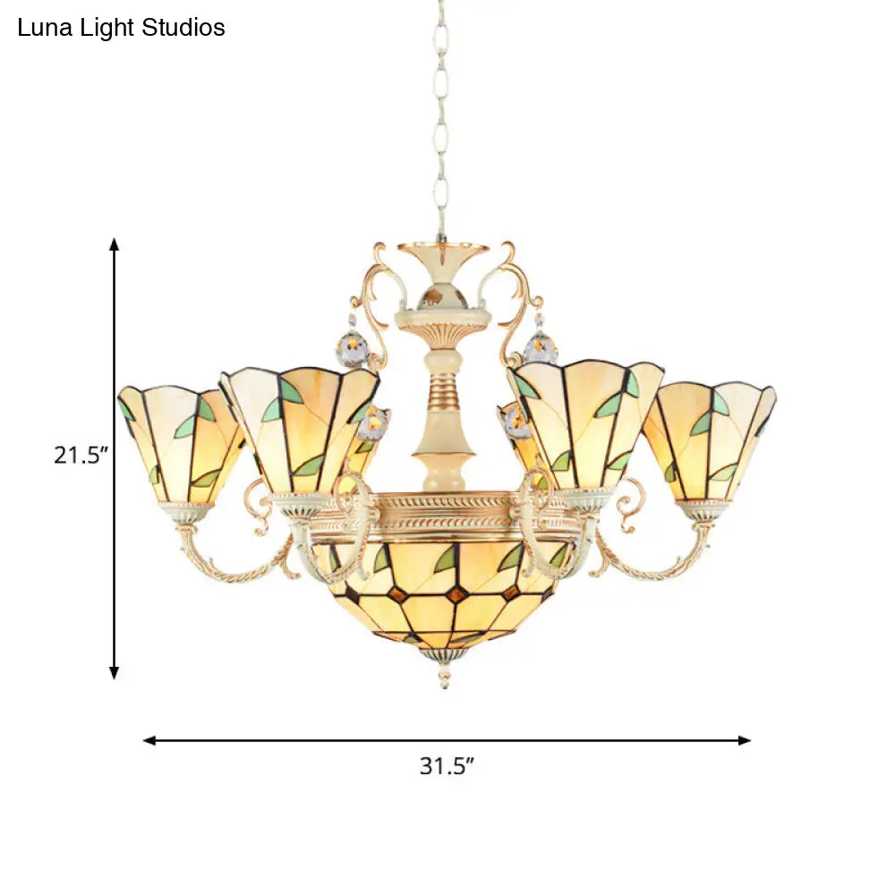 9/11 Lights Leaf Indoor Pendant Light With Stained Glass Cone And Dome Shade - Rustic Chandelier