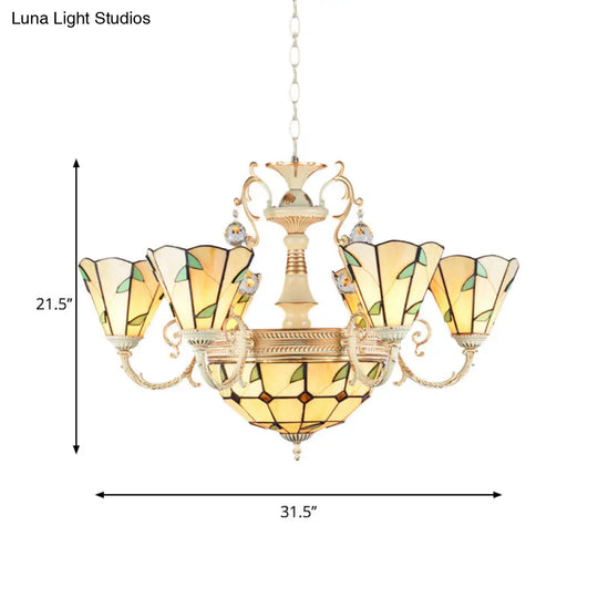 9/11 Lights Leaf Indoor Pendant Light With Stained Glass Cone And Dome Shade - Rustic Chandelier