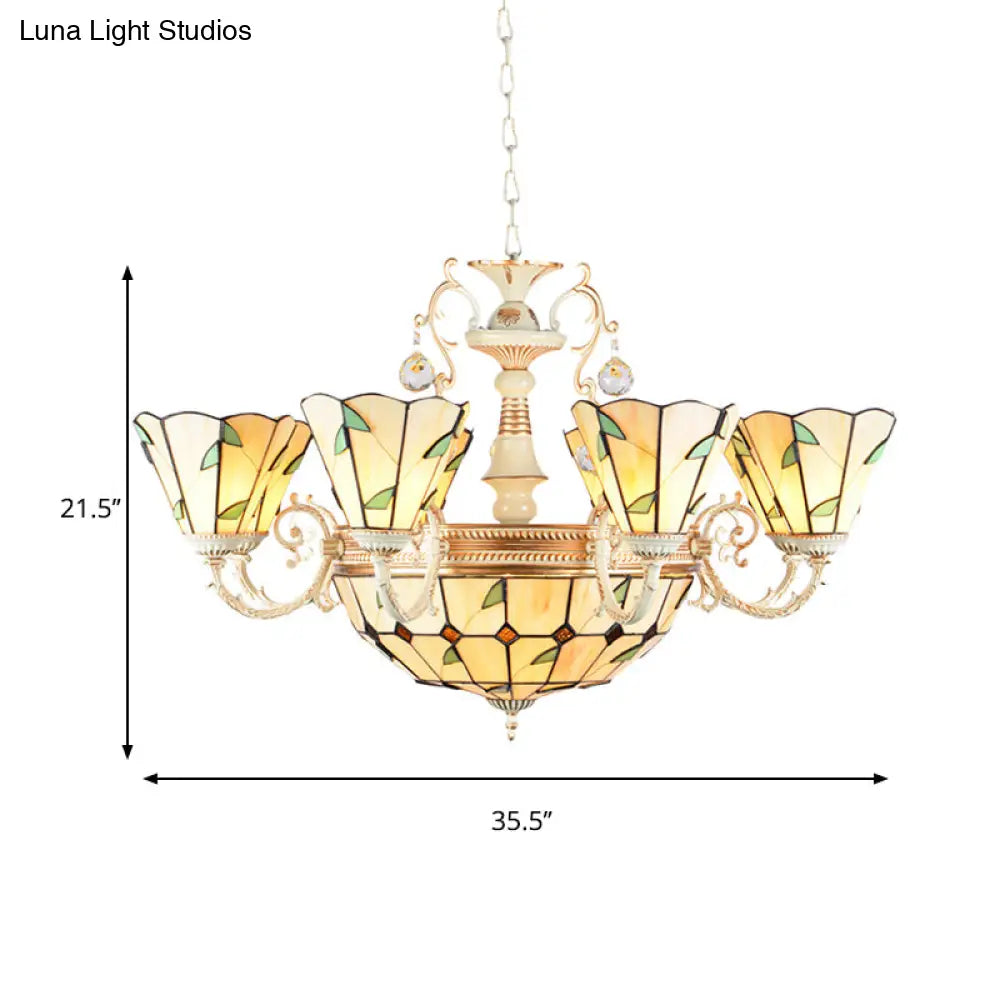 9/11 Lights Stained Glass Indoor Pendant Light: Cone And Dome Shade Rustic Beige Chandelier