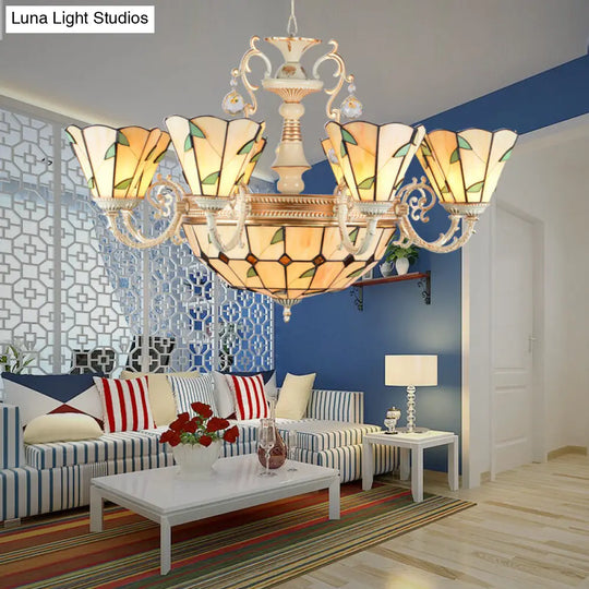 9/11 Lights Leaf Indoor Pendant Light With Stained Glass Cone And Dome Shade - Rustic Chandelier