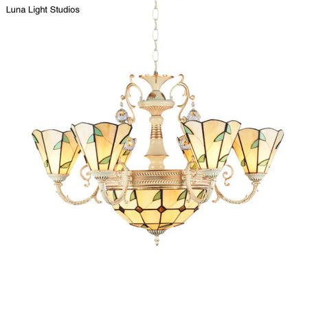 9/11 Lights Stained Glass Indoor Pendant Light: Cone And Dome Shade Rustic Beige Chandelier