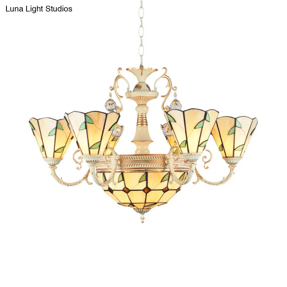 9/11 Lights Stained Glass Indoor Pendant Light: Cone And Dome Shade Rustic Beige Chandelier