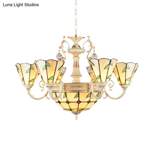 9/11 Lights Stained Glass Indoor Pendant Light: Cone And Dome Shade Rustic Beige Chandelier