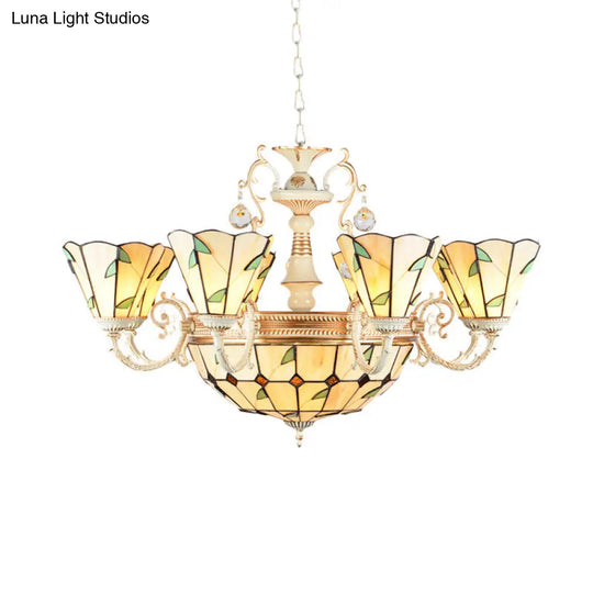 9/11 Lights Leaf Indoor Pendant Light With Stained Glass Cone And Dome Shade - Rustic Chandelier