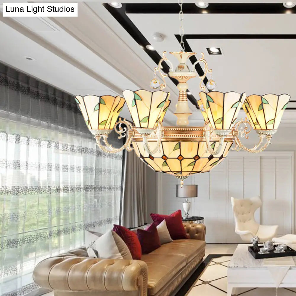 9/11 Lights Leaf Indoor Pendant Light With Stained Glass Cone And Dome Shade - Rustic Chandelier
