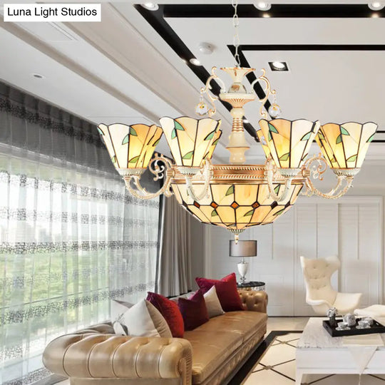9/11 Lights Leaf Indoor Pendant Light With Stained Glass Cone And Dome Shade - Rustic Chandelier