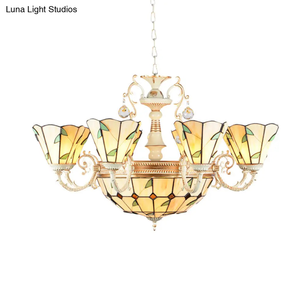 9/11 Lights Stained Glass Indoor Pendant Light: Cone And Dome Shade Rustic Beige Chandelier