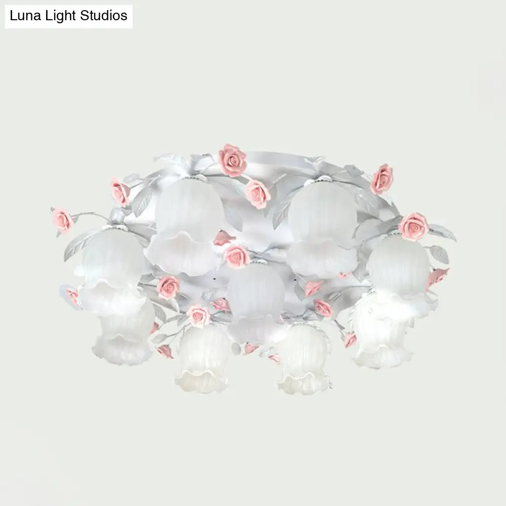 9-Head White Glass Rose Ceiling Light - Countryside Flush Mount For Living Room