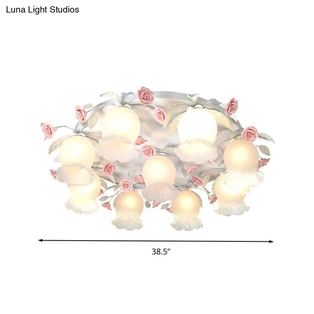 9-Head White Glass Rose Ceiling Light - Countryside Flush Mount For Living Room