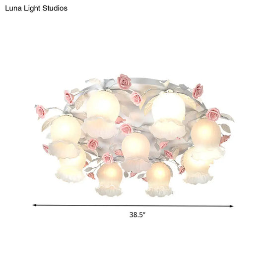 9-Head White Glass Rose Ceiling Light - Countryside Flush Mount For Living Room
