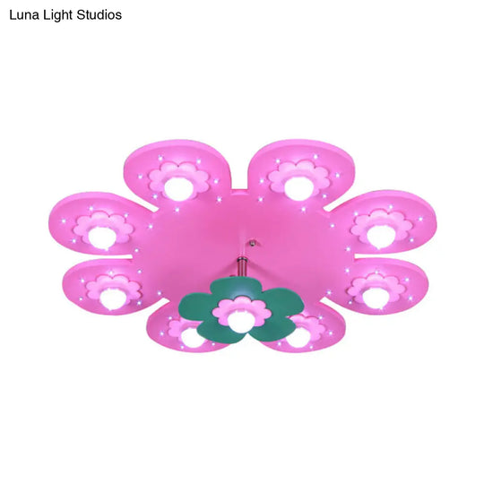 9-Light Flower Flush Mount Kids Wood Ceiling Lamp For Nursing Room And Girls Bedroom
