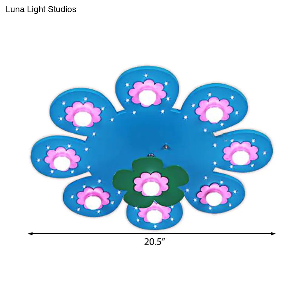 9-Light Flower Flush Mount Kids Wood Ceiling Lamp For Nursing Room And Girls Bedroom