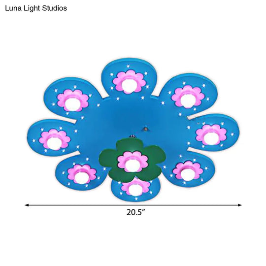 9-Light Flower Flush Mount Kids Wood Ceiling Lamp For Nursing Room And Girls Bedroom