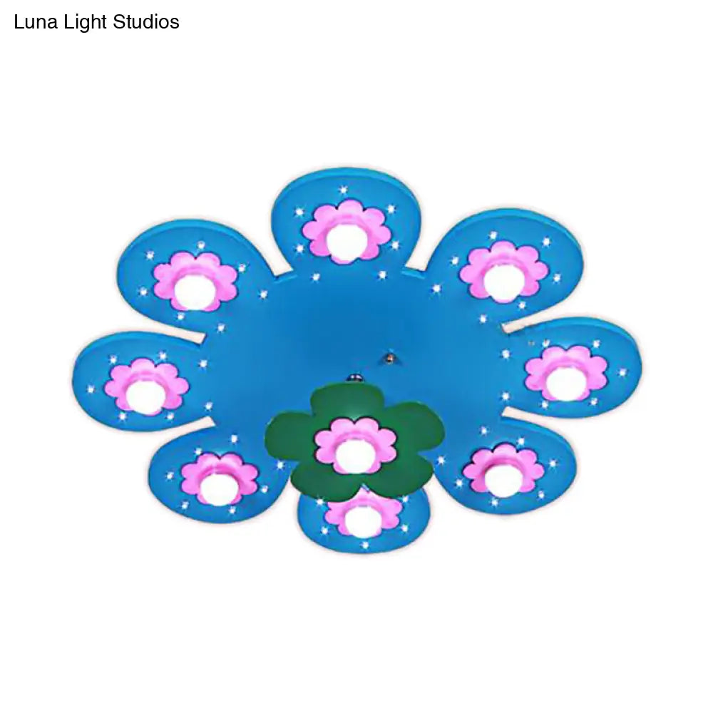 9-Light Flower Flush Mount Kids Wood Ceiling Lamp For Nursing Room And Girls Bedroom