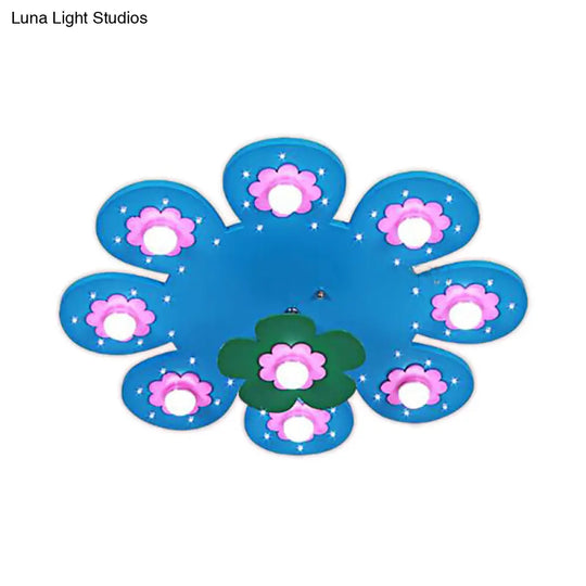 9-Light Flower Flush Mount Kids Wood Ceiling Lamp For Nursing Room And Girls Bedroom