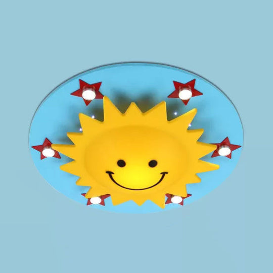 Smiling Sun Flush Ceiling Light In Yellow For Game Room - Cartoon Design Wood Finish