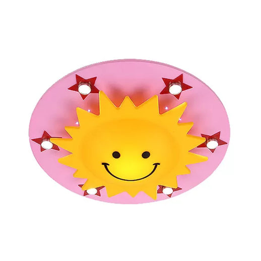 Smiling Sun Flush Ceiling Light In Yellow For Game Room - Cartoon Design Wood Finish Pink / D