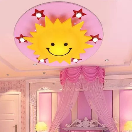 Smiling Sun Flush Ceiling Light In Yellow For Game Room - Cartoon Design Wood Finish