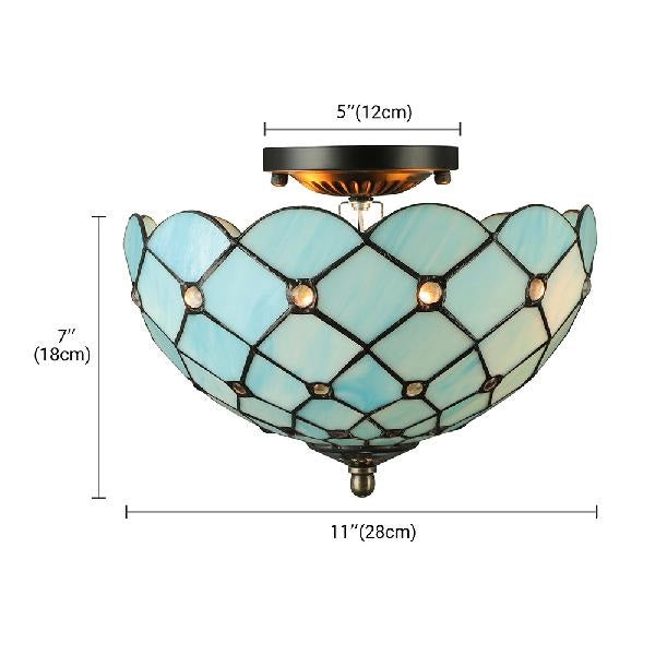 Blue Tiffany Style Ceiling Light For Bedroom - 2 - Light Floral Semi Flush Mount With Jewel
