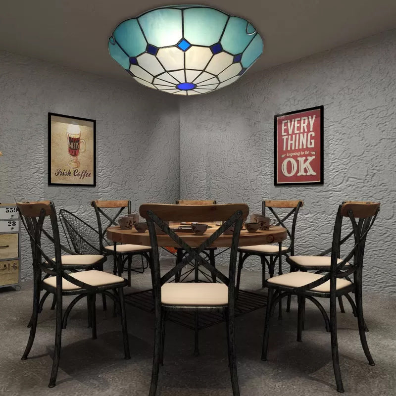 Tiffany Floral Flush Mount Ceiling Lights - 2 Light Bedroom Fixture Sky Blue / 12