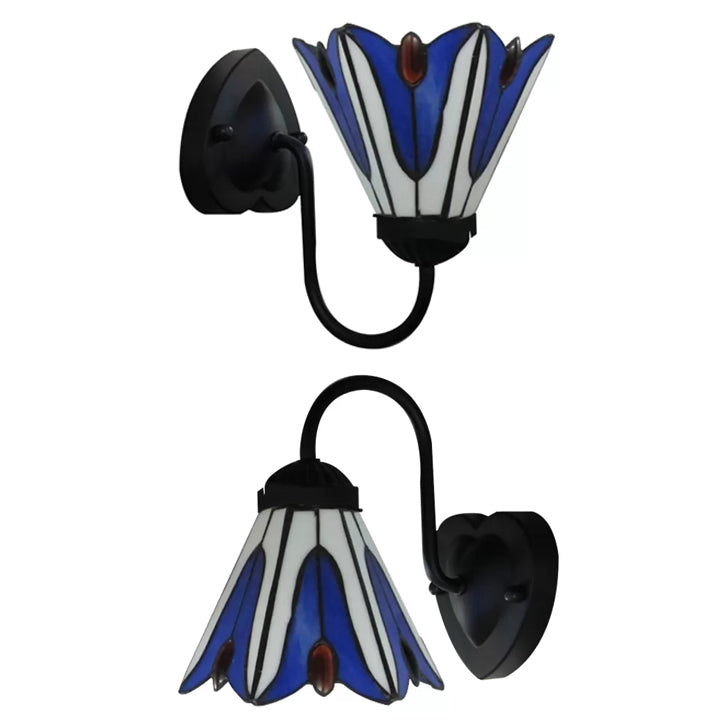 Stained Glass Flower Wall Sconce Light Fixture - Tiffany Style 1 Head White/Black/Sky Blue Living