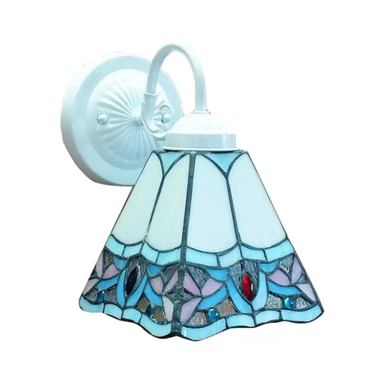 Stained Glass Flower Wall Sconce Light Fixture - Tiffany Style 1 Head White/Black/Sky Blue Living