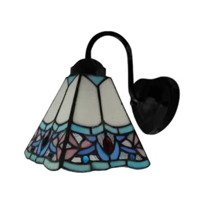 Stained Glass Flower Wall Sconce Light Fixture - Tiffany Style 1 Head White/Black/Sky Blue Living