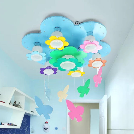 Blue Blossom Ceiling Mount Light With Hanging Butterfly: 7 - Head Wood Lamp For Child Bedroom