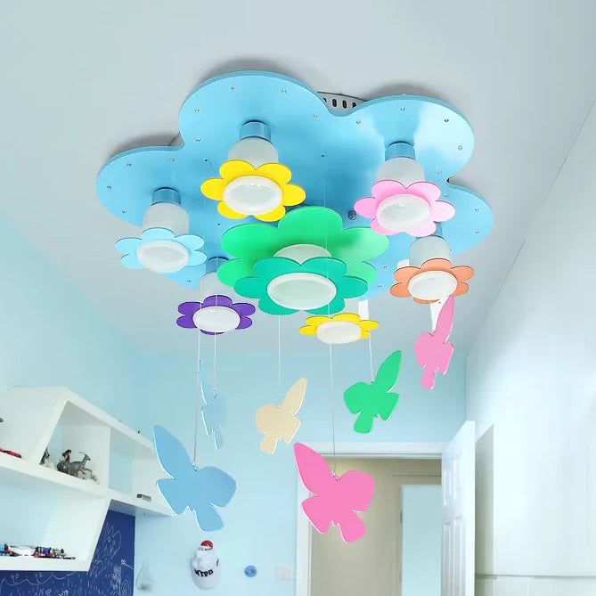 Blue Blossom Ceiling Mount Light With Hanging Butterfly: 7-Head Wood Lamp For Child Bedroom