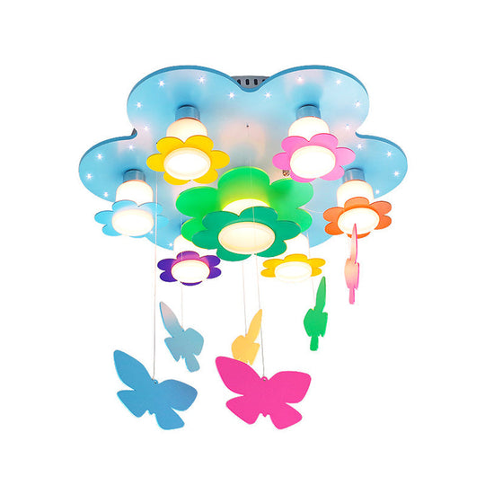 Blue Blossom Ceiling Mount Light With Hanging Butterfly: 7-Head Wood Lamp For Child Bedroom