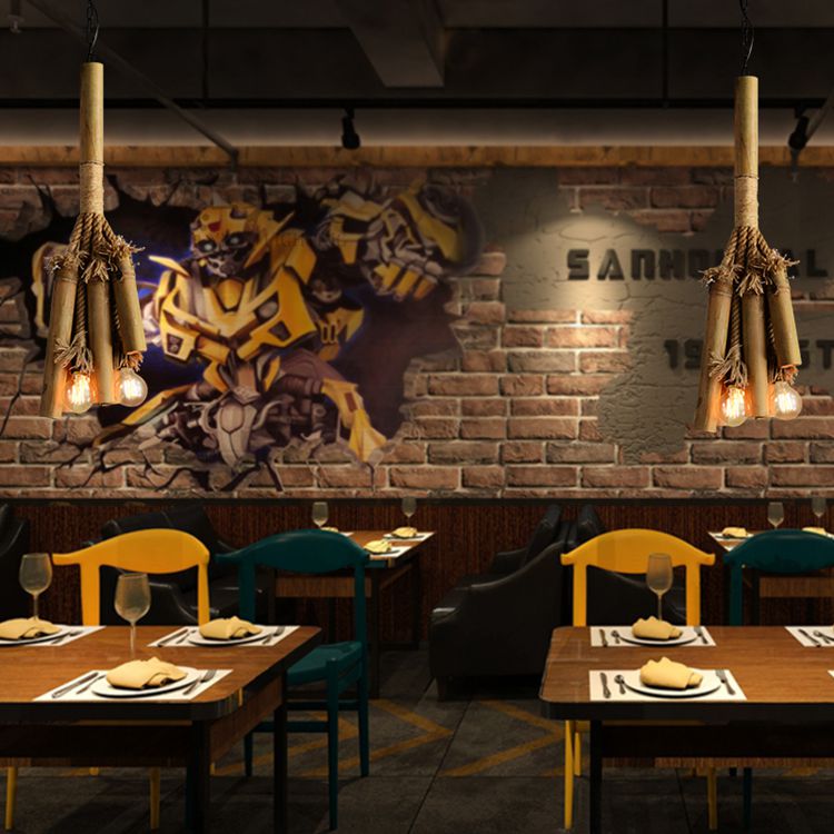 Open Bulb Chandelier Light For Restaurants - Bamboo Lodge Style Hanging Lamp With 3 Lights