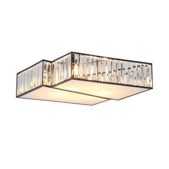 Black Crystal Rectangle Flushmount Ceiling Light Fixture - Contemporary With 4 Geometric Bulbs