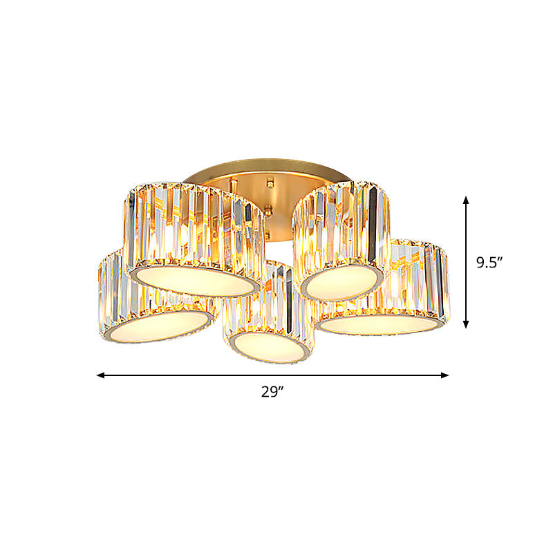 Gold Carved Crystal Semi - Flush Ceiling Lamp With Oval/Teardrop Design And 5 Lights