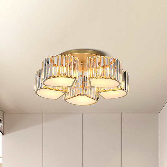 Modern Crystal Semi Flush Ceiling Light Fixture With Shell/Square Shade - 5/7-Head Design In Gold