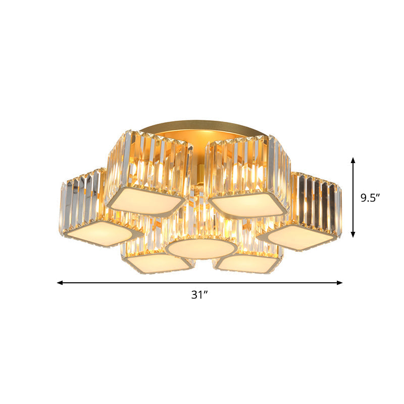 Modern Crystal Semi Flush Ceiling Light Fixture With Shell/Square Shade - 5/7 - Head Design In Gold