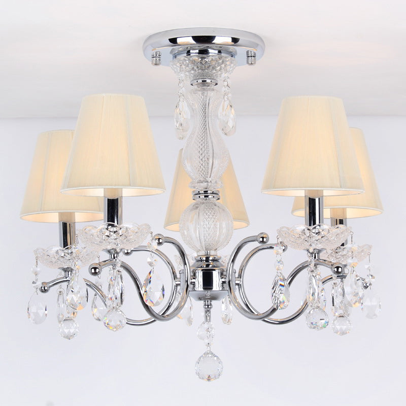Modern Cone Semi Flush Crystal Ceiling Light Fixture With Swirled Arm - 5 - Head Nickle Design