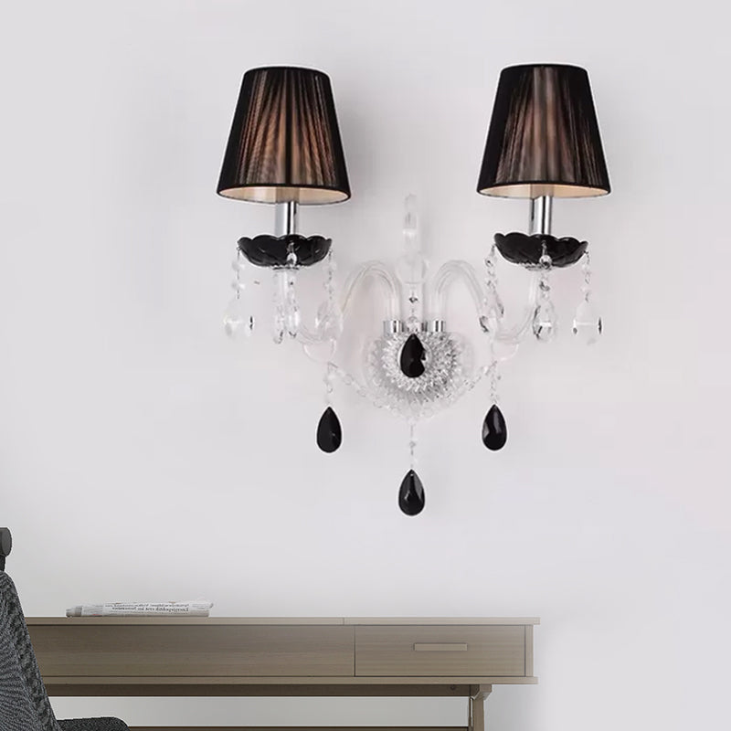 European Black Crystal Wall Mount Sconce Light With Pleated Linen Shades
