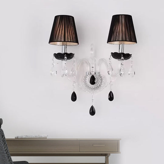 European Black Crystal Wall Mount Sconce Light With Pleated Linen Shades