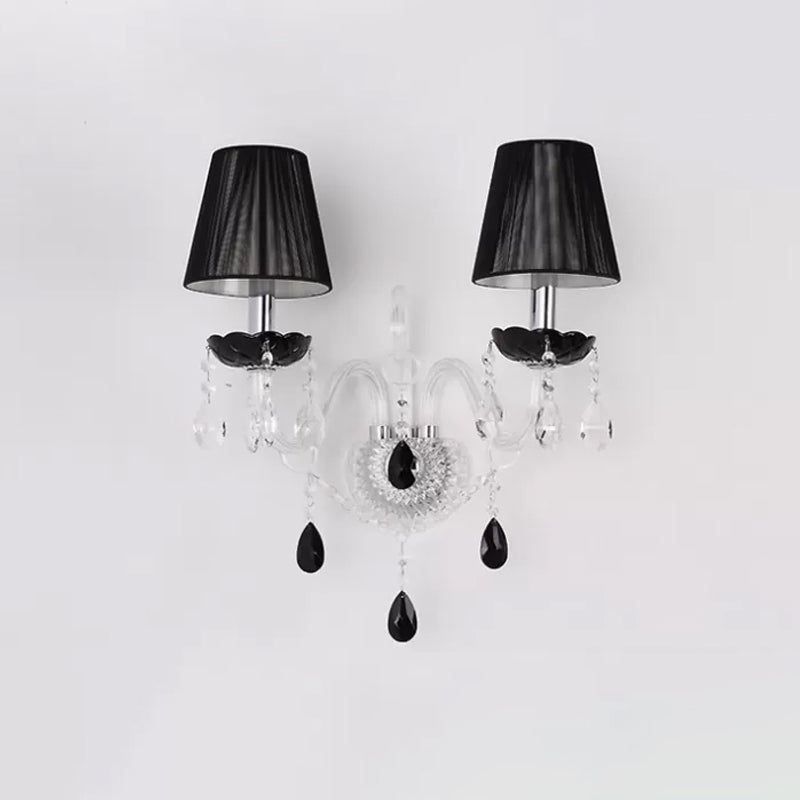European Black Crystal Wall Mount Sconce Light With Pleated Linen Shades
