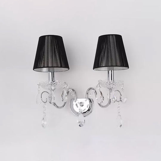 Contemporary Crystal Wall Sconce With Gathered Fabric Shade - 2 Bulb Light Fixture For Living Room