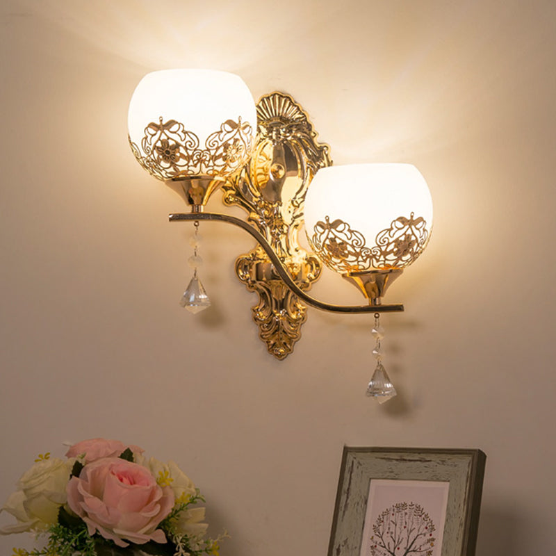 Modern Dome Wall Sconce With Swirled Arm - Crystal Accent Lighting Gold Finish 2 Lights