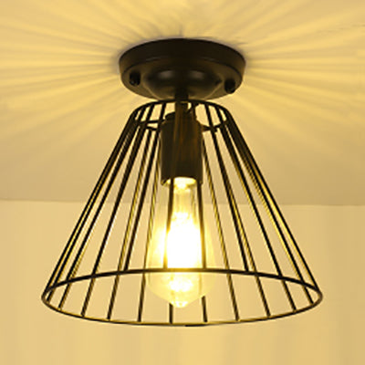 Industrial Cage - Style Conical Semi - Flush Light In Black - Indoor 1 Bulb Mount