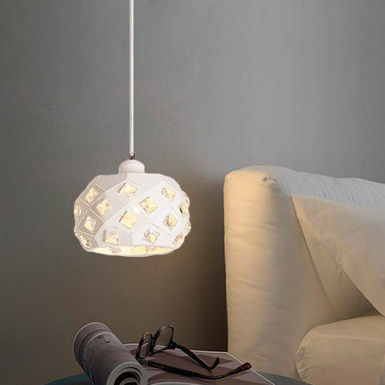 Minimal White Crystal Pendulum Hanging Lamp: Single Dining Room Light With Drum Iron Shade