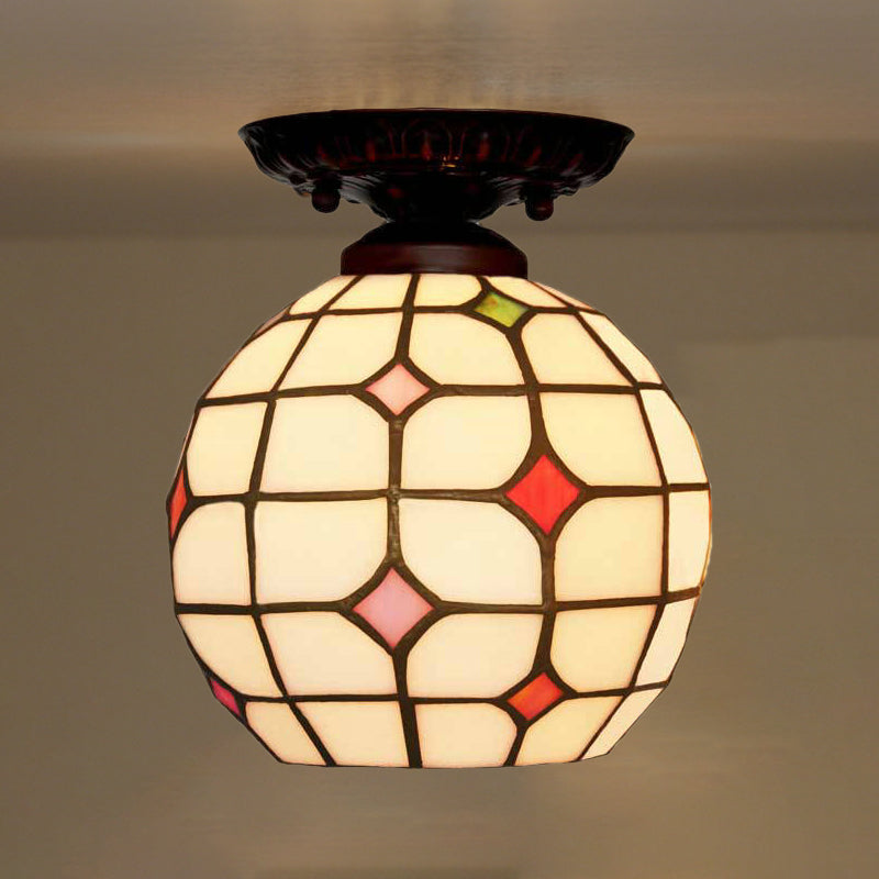 Tiffany White Grid Glass Flush Mount Ceiling Light With Jewels Beige / Globe