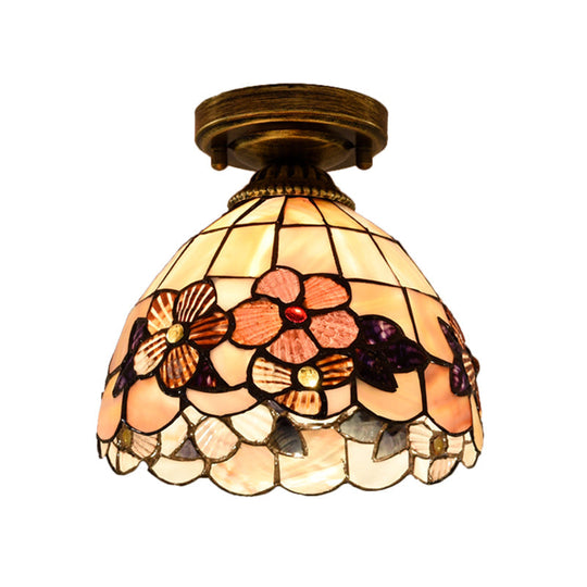Tiffany Beige/Pink/Orange Shell Mini Flush Light Fixture - Natural Decorative Ceiling Lamp