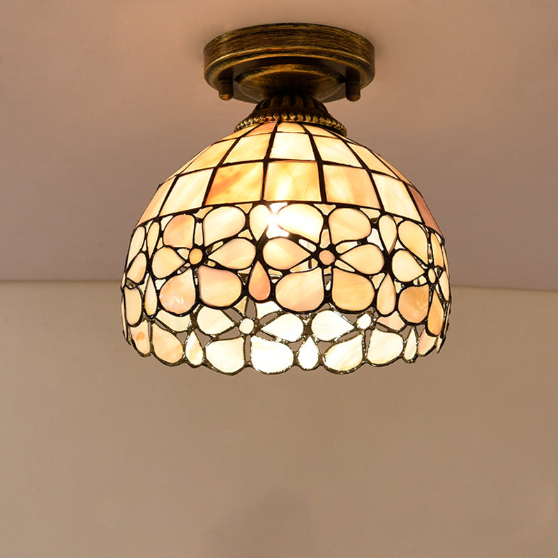 Tiffany Beige/Pink/Orange Shell Mini Flush Light Fixture - Natural Decorative Ceiling Lamp