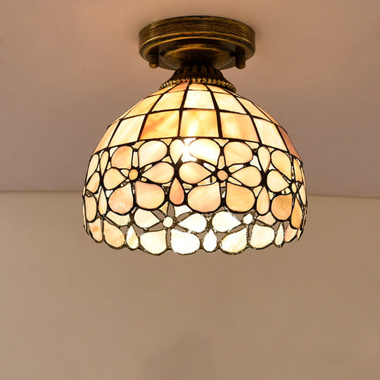Tiffany Beige/Pink/Orange Shell Mini Flush Light Fixture - Natural Decorative Ceiling Lamp