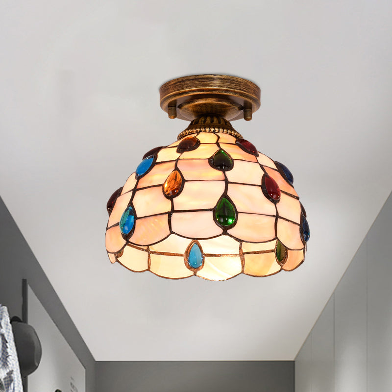 Tiffany Single - Bulb Shell Bowl Ceiling Lamp - Handmade Blue/Light Blue/Beige Flush Mount With Gem